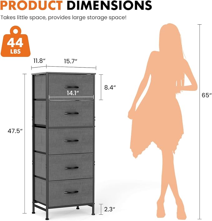 Sweetcrispy 5 Storage Drawer Bedroom Dresser, Tall Dresser for Organizer | Chest of 5 Drawers for Home Storage, Narrow Nightstand, Durable Clothes Oragnizer, Sturdy Frame and Wooden Top, Gray