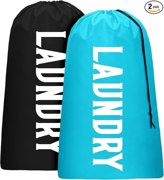 2 Pack XL Travel Laundry Bag, Machine Washable Dirty Clothes Organizer, Large Enough to Hold 4 Loads of Laundry, Easy Fit a Laundry Hamper or Basket (Blue + Black, 24" x 36")