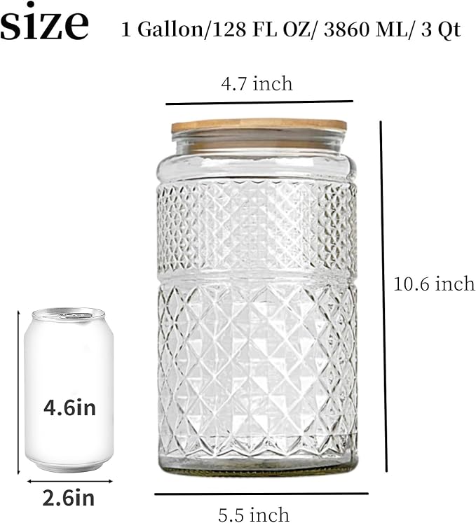 Prettidecor 1 Gallon Large Airtight Glass Storage Jars with Bamboo Lid, Kitchen Pantry Bathroom Laundry Room Organizer Canisters for Flour Rice Sugar Pasta Coffee Bean Cookies Popcorn Bath Salts