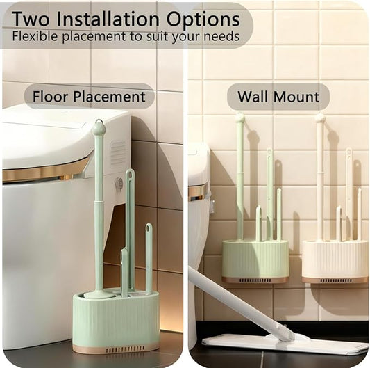 4 in 1 Toilet Cleaner Brush Toilet Bowl Brush and Holder Set Silicone Toilet Brush，Stuff Floor Standing or Wall Mounted Toilet Scrubber Without Drilling (Light Green)