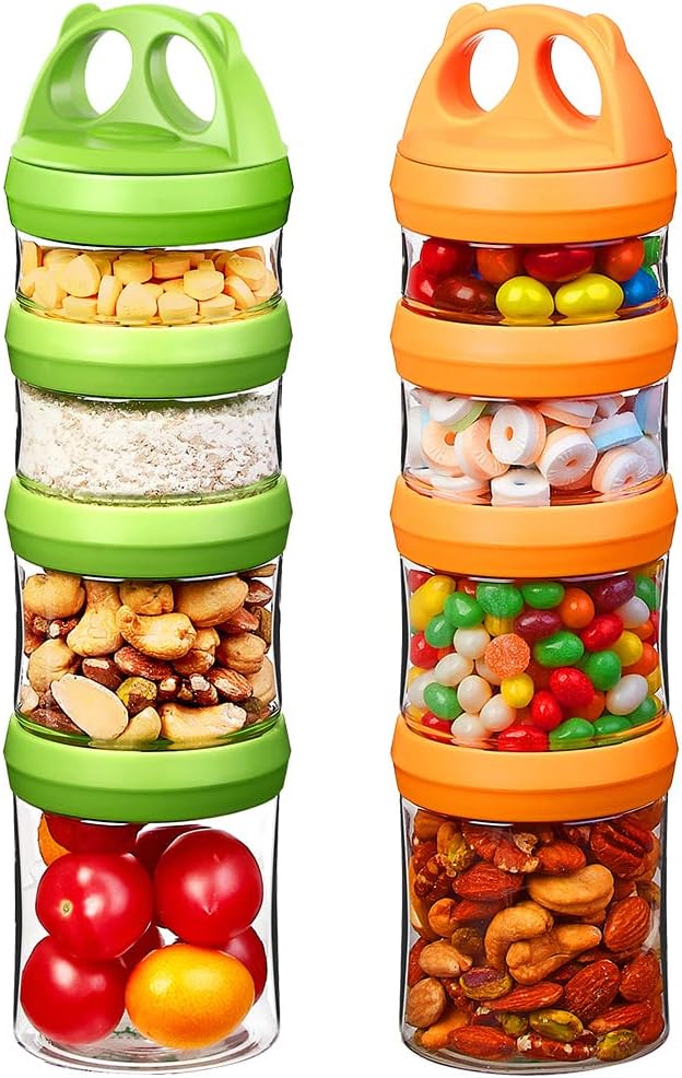 SELEWARE Stackable Snack Containers for Kids Toddlers Adults, Green Orange | Portable Food Storage Containers for Snacks Formula Powder Drinks and Travel, Twist Lock System Airtight Leak-proof BPA Free