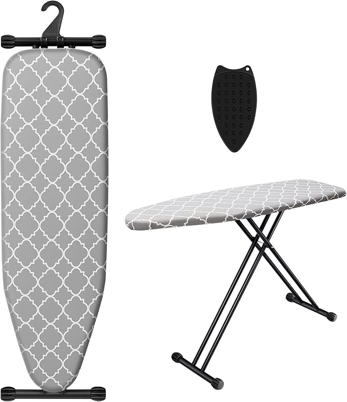 UFETGYG Ironing Board with Silicone Iron Rest pad,Extra Thick Cover,14x54 Compact and Space Saver Iron Board, Height Adjustable,Stable Structure, Easy to Fold, White and Gray
