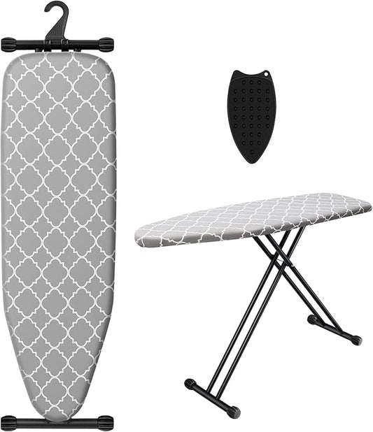 UFETGYG Ironing Board with Silicone Iron Rest pad,Extra Thick Cover,14x54 Compact and Space Saver Iron Board, Height Adjustable,Stable Structure, Easy to Fold, White and Gray