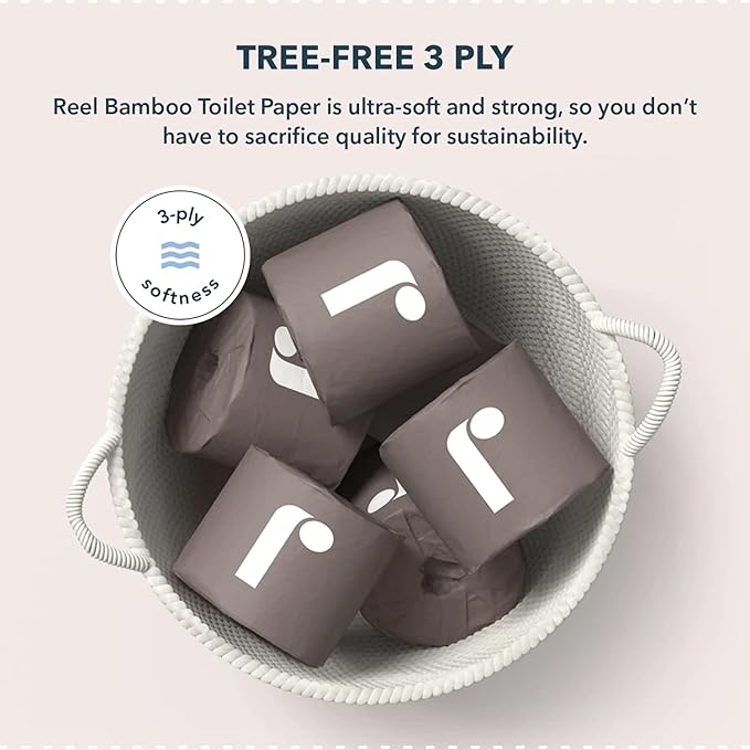 Reel Premium Bamboo Toilet Paper - 24 Rolls of Toilet Paper - 3-Ply Made From Tree-Free - Zero Plastic Packaging, Septic Safe