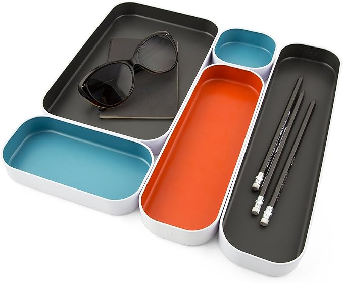 Three by Three Seattle Metal Drawer Organizer Tray Set, 5-Pc, 1" (Gray Mix) | Colorful 1" metal bins; food-safe; soft non-scratch base; kitchen, bathroom, vanity, desk & office drawers