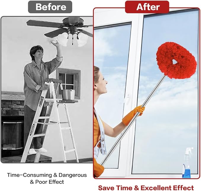 Ceiling Fan Cleaner Duster Reusable Microfiber Ceiling Fan Blade Cleaner Removable Duster with Extension Pole Adjusts 13 to 49.7 Inch for Cleaning Walls Bookshelves Furniture Door Window Top (Red)