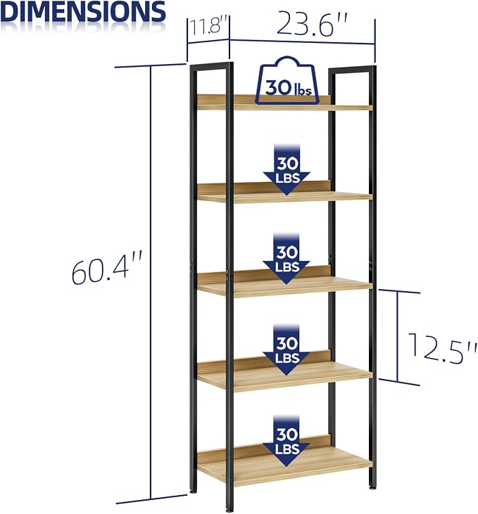 NUMENN Bookshelf, 5 Tier Bookshelves, Home Office Bookcase Shelf Storage Organizer, Free Standing Storage Shelving Unit for Bedroom, Living Room and Home Office, Natural | Metal Frame & Wood Shelves, Falling Prevention Baffle, Open Storage Bookcase for...