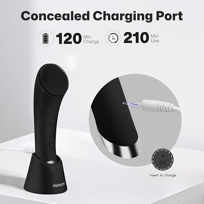 PRITECH Facial Cleansing Brush, Rechargeable Silicone Face Scrubber with Heat Massage End, Vibrating Exfoliator Scrubber for Deep Cleaning, Waterproof Face Brush for Women and Men (Black)