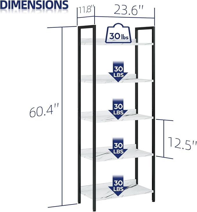NUMENN Bookshelf, 5 Tier Freestanding Shelving Unit, White Marble | Metal Frame & Wood Shelves, Falling Prevention Baffle, Open Storage Bookcase for Bedroom, Living Room & Home Office