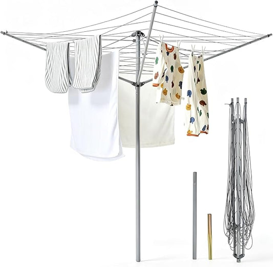 JS HANGER Collapsible 3-arm Rotary Outdoor Umbrella Drying Rack Metal Clothes Dryer Clothesline with 131ft Drying Space