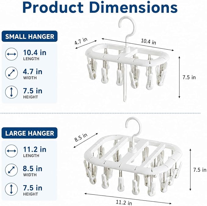 2PCS Clothes Hangers with 32 Clips Hooks, Plastic Sock Hanger, Stackable Laundry Drying Rack for Underwear, Clothes Airer with Swivel Hook, Portable Small Item Organizer for Bathroom Balcony Daily Use