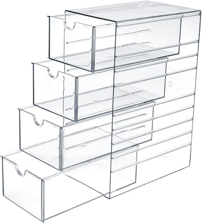 Hipiwe Plastic Drawer Organizer Clear Storage Box with 4 Pull Out Drawer | Hair Accessories Organizer Box Compact Desktop Holder for Cabinet Vanity Bathroom Pantry Office or Closet Organization