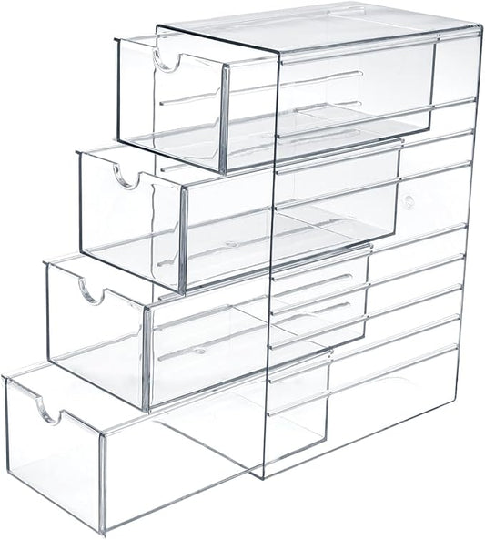 Hipiwe Plastic Drawer Organizer Clear Storage Box with 4 Pull Out Drawer | Hair Accessories Organizer Box Compact Desktop Holder for Cabinet Vanity Bathroom Pantry Office or Closet Organization