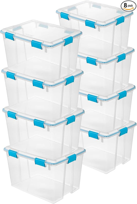 Sterilite Gasket Storage Box with Lids for Home & Office, 80 Quart, 8-Pack | Heavy-Duty, Stackable, and Organizing Containers for Bathroom, Cabinet, Closet, and Garage, Clear and Blue Aquarium Latches