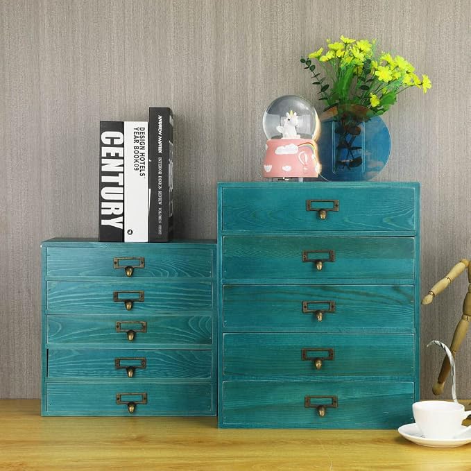 GoooodGIFT Wooden Drawers Large Wooden Box with Drawer, Blue | 5 Drawer Wood Storage Box , Vintage Desktop Organizer with Drawers, Desk Organizers for Library Card Catalog Cabinet