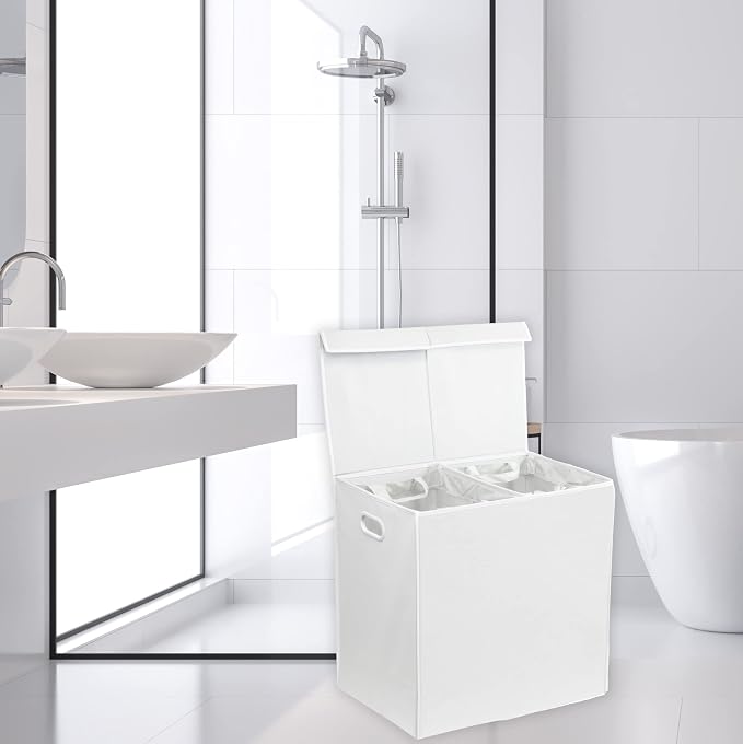 Simple Houseware Double Laundry Hamper with Lid & Removable Bags, White