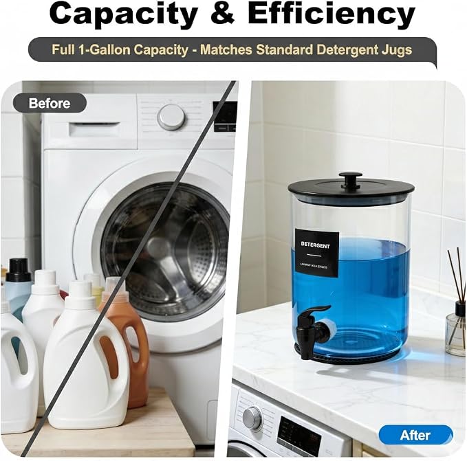 Glass Laundry Detergent Dispenser for Laundry Room Organization-Black | 1 Gallon Large Liquid Soap Dispenser with Black Metal Lid & Leak-Proof Spigot, 1 Measured Cups, 1 Silicone Mats & 9 Labels