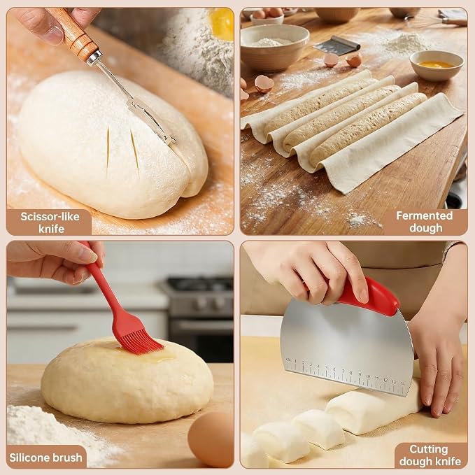 Baguette Bread Pan, Nonstick Baguette Pan for French Loaf Baking with Dough Scraper, Pastry Brush, Bread Lame, Replacement Blades, Banneton Cloth for Sourdough, Artisan Bake Baking