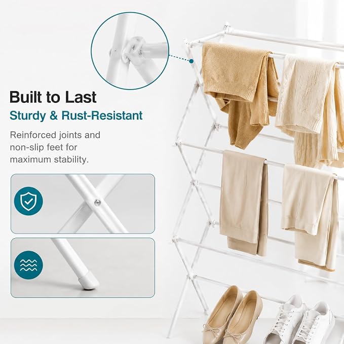 Drying Racks 3 Tier Expandable Clothes Airer Collapsible Clothes Drying Rack, Space-Saving Laundry, Hanging Clothes Indoors & Outdoors, Lightweight, Compact, Folds Away for Convenient Storage,White