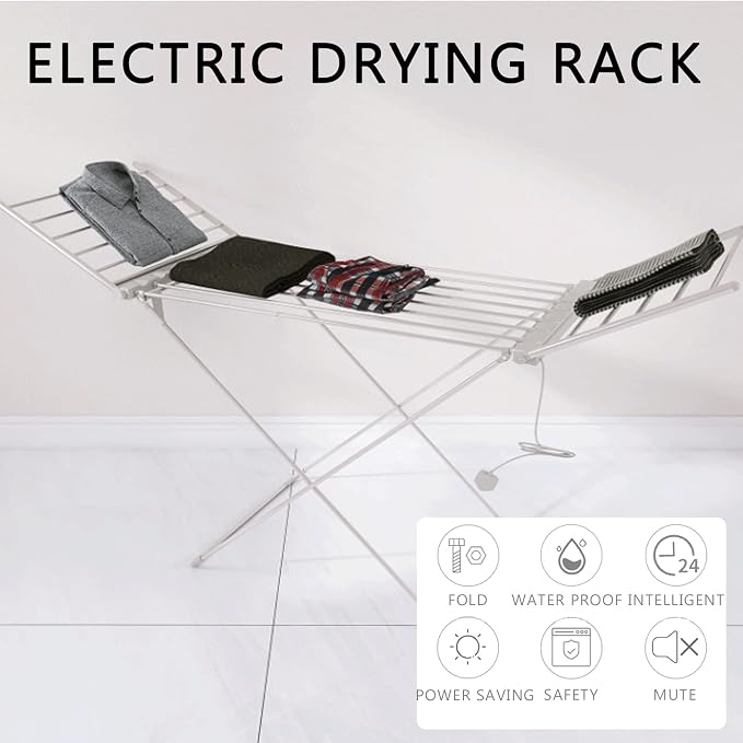 MAAOBR Electric Heated Drying Rack Portable Folding Constant Temperature | Laundry Drying Rack w/Aluminum Frame, Space-Saving Airer Lightweight Laundry Hanger for Balcony, Laundry Room, No Assembly