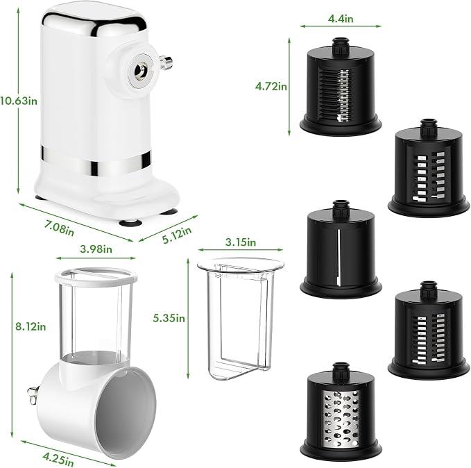GVODE 5-in-1 Electric Cheese Grater and Vegetable Slicer, White | 700W Powerful Rotary Grater, Multiple Attachments, For the Kitchen