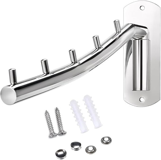 Sumnacon Wall Mounted Clothes Hanger Rack, Stainless Steel Garment Hooks with Swing Arm Holder, Space Saver Coat Robe Storage Organizer for Laundry Room Bedrooms, Clothing Drying Rack with 5 Hooks