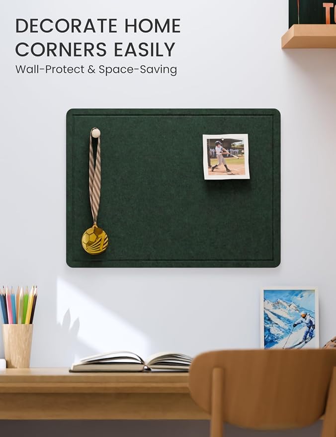 Fluxynara 23.6" x 17.1" Bulletin Board, Pine Green | Cork Board Alternative with 12 Removable Adhesive Tabs, Foldable Felt Pin Board for Home, Office, Classroom & Dorm