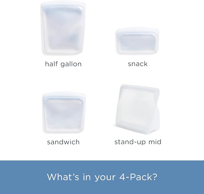 Stasher Silicone Reusable Storage Bags, 4-Pack, Reusable Freezer Bags, Microwave, Dishwasher, Oven Safe, Sous Vide, Premium Lunch Containers, Eco Friendly, Food-safe Silicone Snack Bag, Clear
