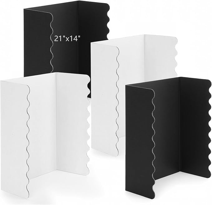 Mooliwe 4 Pack 21" x 14" Black White Trifold Poster Board, Mini Foldable Corrugated Presentation Display Board with Scalloped Border for Science Fair Events, School Projects, Back to School Supplies