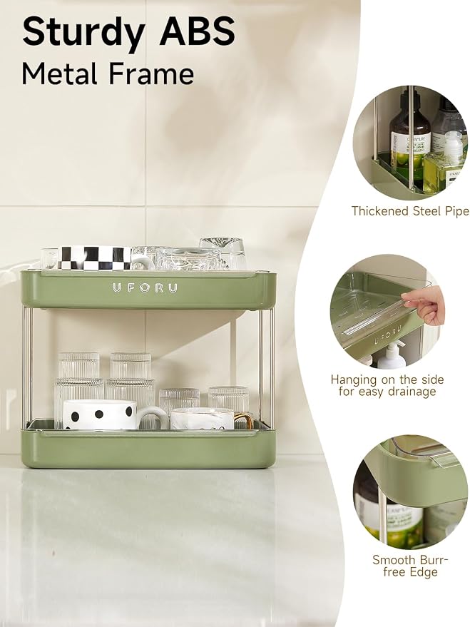 UFORU Countertop Coffee Station Organizer,Cup Rack,Mug & Wine Glass Holder | 2-Tier Green Mug Shelf with Removable Drain Tray,Bathroom Countertop Organizer,Spice Rack for Kitchen