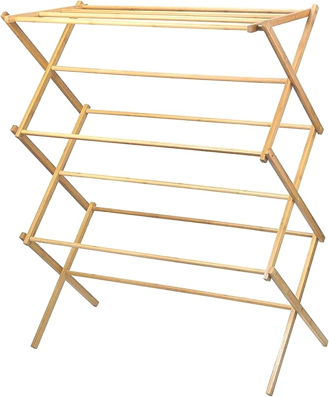 HOME IT Wooden Clothes Drying Rack for Laundry - Collapsible Folding Bamboo Laundry Drying Rack for Drying Clothes - Heavy Duty Pre Assembled