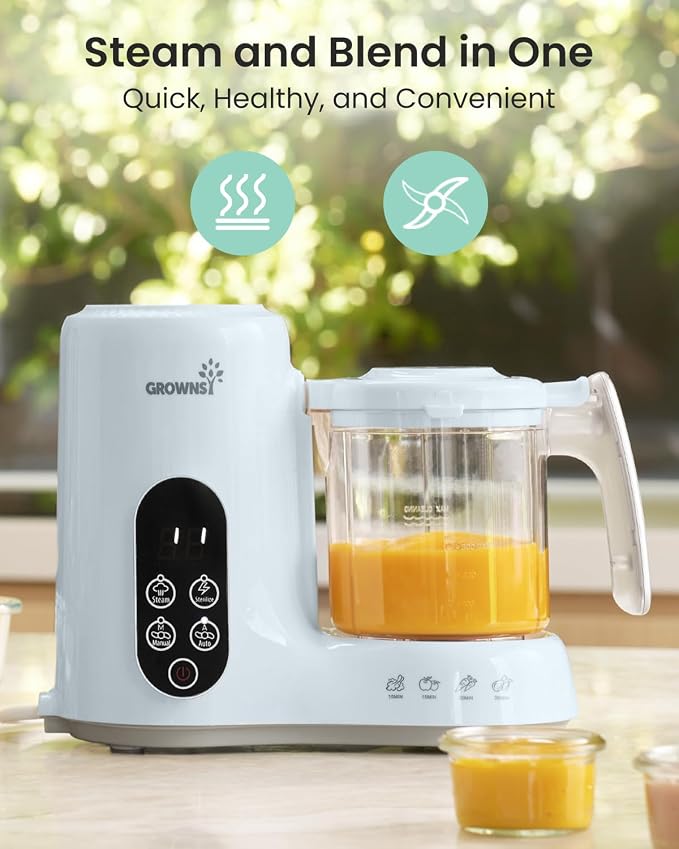 Grownsy Baby Food Maker with Steam Basket, One Step Baby Food Processor Steamer Puree Blender Grinder Mills Machine, Auto Cooking Grinding and Sterili-zing for Healthy Homemade Baby Food, Blue
