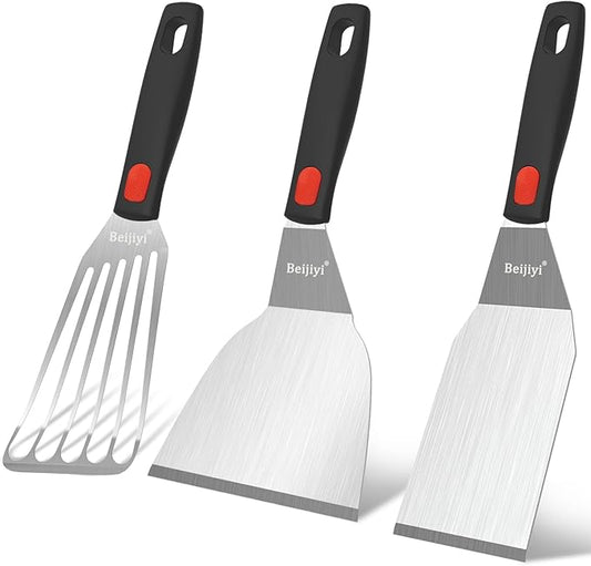 Beijiyi Stainless Steel Spatula Set, Heavy Duty Small Metal Spatula for Cooking Cast Iron Skillet with Silicone Handle - Griddle Grill Kitchen Spatula Flipper for Pancake, Fish, Smash Burger and Egg