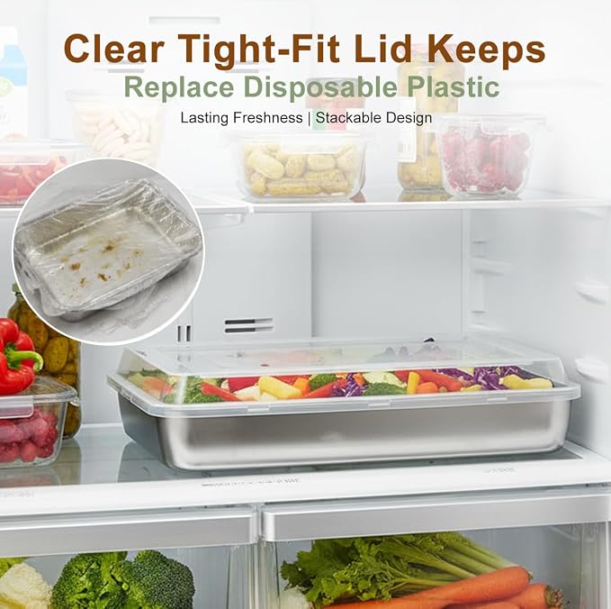 E-far Toaster Oven Baking Pan with Lid, 10.4”x 8”x 2” Stainless Steel Rectangle Sheet Cake Pans with Covers, Small Bakeware for Cakes Brownies Casseroles, Non-toxic & Dishwasher Safe -Set of 2