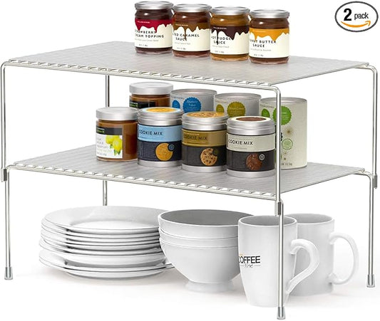 Set of 2 Kitchen Cabinet Organizer Shelves, Stackable Organizer and Storage for Cabinet Cupboard, Expandable Shelf Risers Plate Rack with Anti-slip Plastic Liner