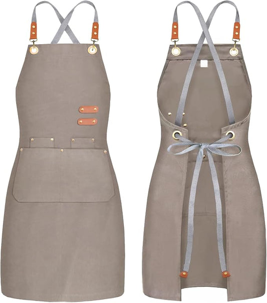 BeLuyi chef apron bib tool apron for man woman cross back straps with 4 pockets for kitchen cooking gardening baking working