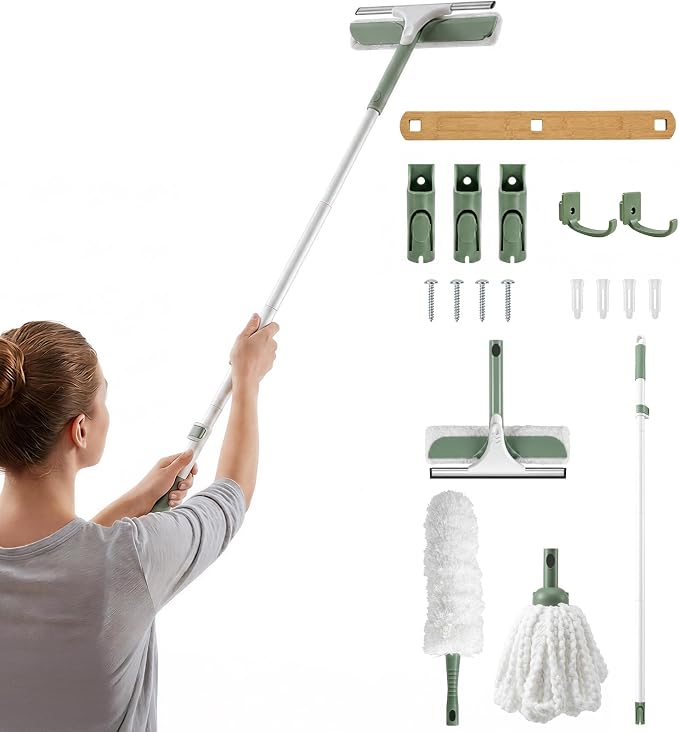 DEANIC 4-in-1 Window Squeegee Duster Mop with Holder Wall Mount Set | Cleaning Kit with Extendable Handle(43 inch to 49inch) for Ceiling Fans, Blinds,Glass,Floors and Home Cleaning