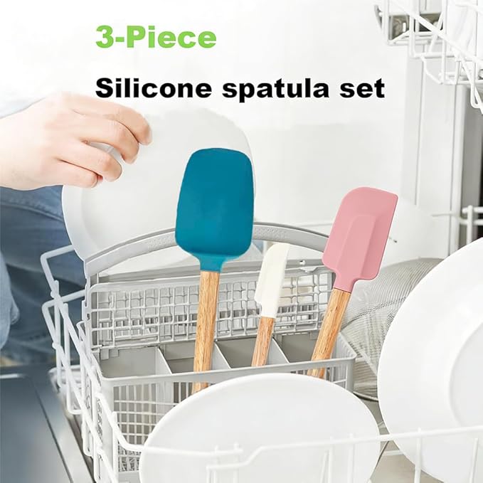 3PCS Heat Resistant Silicone Spatula Set, Silicone Spatula with Wooden Handle, Silicone Spatula Wooden Handle, Spatulas Silicone Heat Resistant Wood, Rubber Spatula for Baking Non-Stick Cooking Mixing
