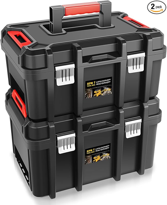 Auto Dynasty 2Pcs Universal Lockable Organizer Storage Tool Boxes with Removable Tray For Garage Workshop and Household, High Capacity, Black/Red