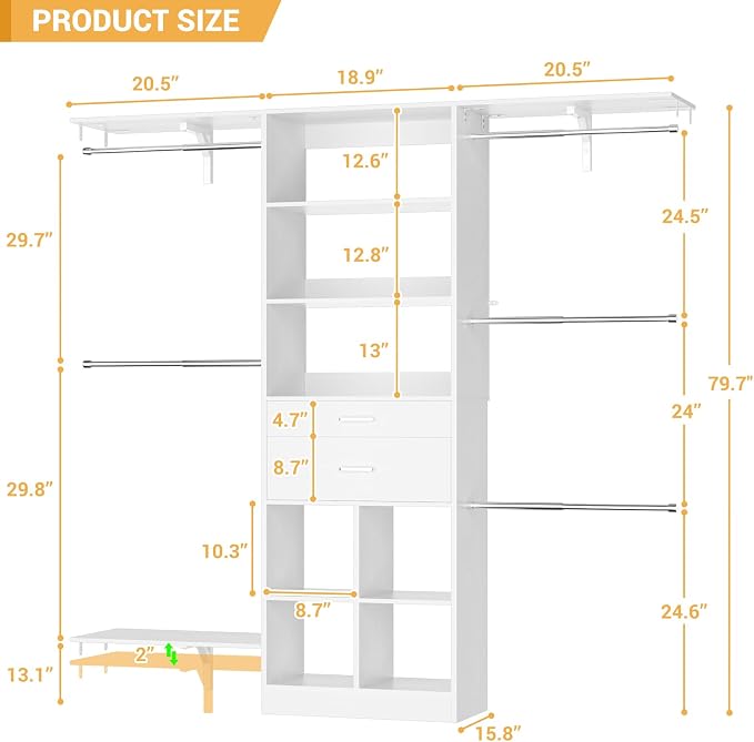 5FT Closet Organizer System with Wooden Drawers, 60 Inches Walk In Closet System With 5 Hanging Rods, Can Fit 1.58 to 6.8 FT with Reversible Hanging Shelving, White
