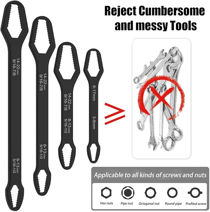 4 PCS Universal Torx Wrench Double-Head Self-Tightening Wrench, 3mm-22mm Adjustable Glasses Wrench, Multi-purpose Multi-function Wrench for Outdoor Riding Home Car Repair Tools