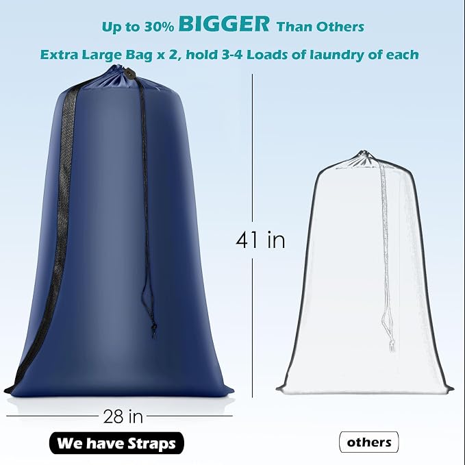 Heavy Duty Laundry Bag 2 Pack XL Nylon Laundry Bags with Straps, Washable Large Dirty Clothes Organizer with Drawstring Closure, Travel Washing Bag Fit a Laundry Hamper or Basket | Extra Large Laundry Bags, Drawstring Closure, Washable Large Dirty Clot...