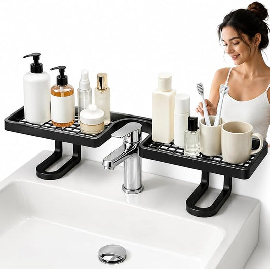 Over Sink Faucet Storage Rack, 2027 New No-Drill Free Standing Faucet Storage Shelf, Space-Saving Bathroom Countertop Organizer for Kitchen & Bathroom, Easy Drainage (Black)