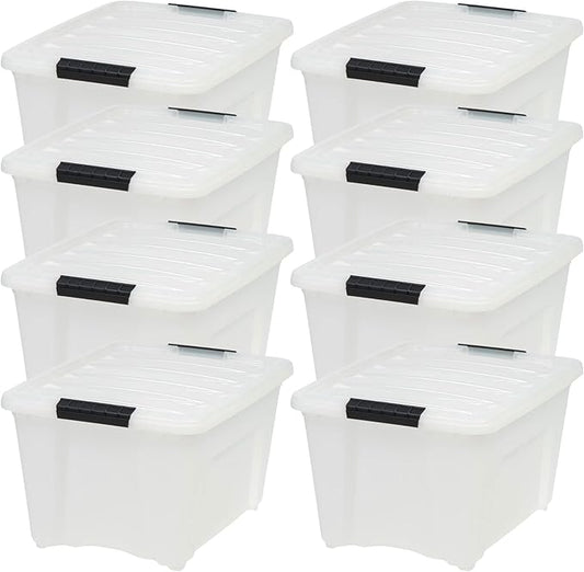 IRIS USA 8 Pack Stackable Storage Bin, 32 Quart Plastic Container Totes with Latching Lids for Home and Office Organization, Pearl