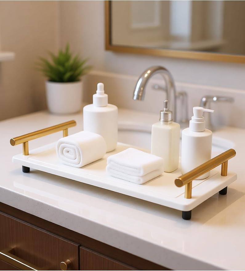 Instant Dry Sink Caddy Organizer,Diatomaceous Earth Bathroom Organizer with Handle Water Absorbing Stone Tray for Sink Water Absorbent Diatomite Coasters (S White Gold Handle)