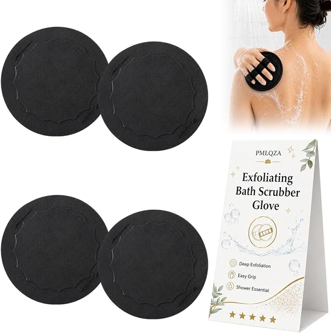 No-Pain Exfoliating Bath Scrubber Glove 4-in-1 Shower Body Care Set | Soft Rubber Scrubber, Bath Glove, Body Pads and Shower Tools for Daily Cleansing, Travel, Gym Bags and Bathroom Use(4pcs)