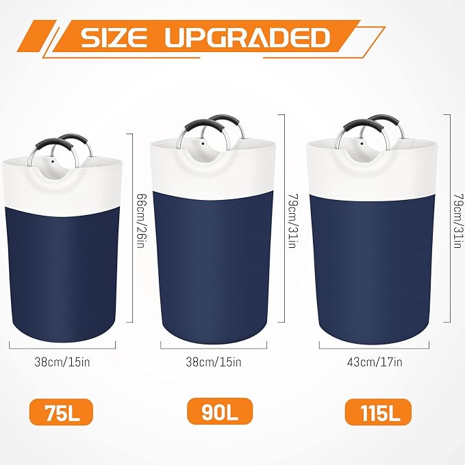 BlissTotes 75L Laundry Basket, Freestanding Collapsible Hamper, Blue | Collapsible Dirty Clothes Hamper, Foldable Laundry Bag for Dorm, Waterproof Fabric, Padded Aluminum Handles