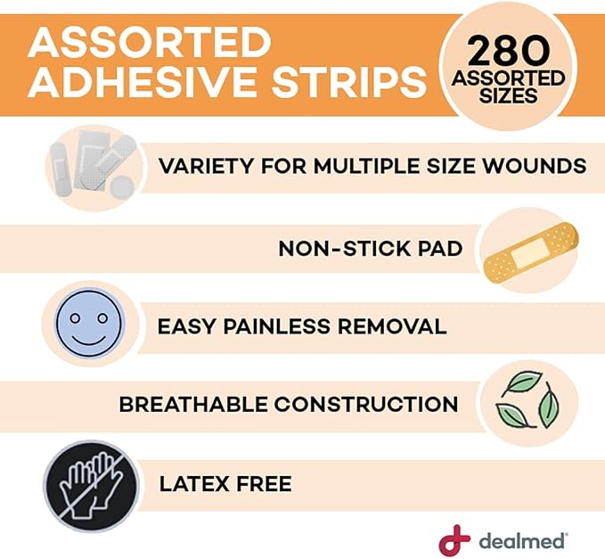 Dealmed Adhesive Bandages Variety Pack - Sterile - 560 Count (2 Pack) | Polyester Fabric, Non Stick Pad, Individually Wrapped, Flexible Strips, For Minor Cuts Scrapes, Skin Application