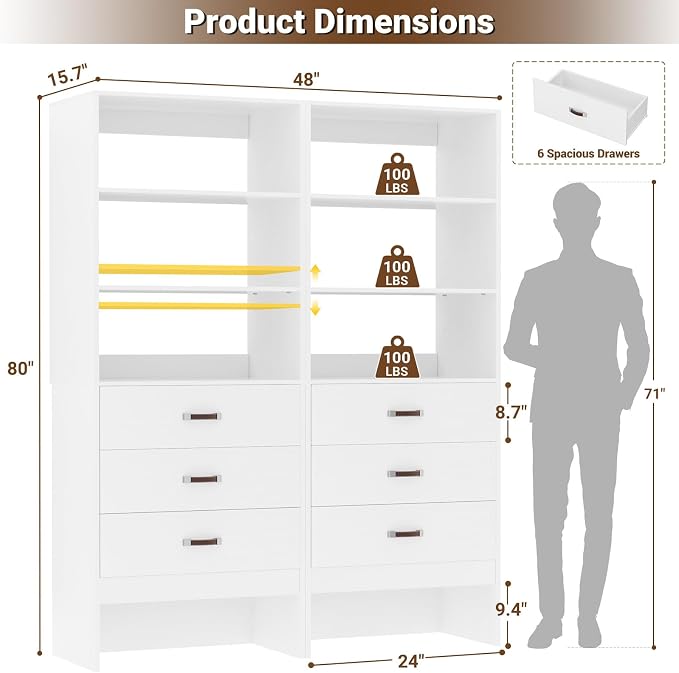 Armocity 4FT Closet System with Leather Handles, 48" Walk-in Closets Storage Unit with Cabinet, Wood Wardrobe Closet Organizer and Storage with 6 Drawers, Set of 2, White
