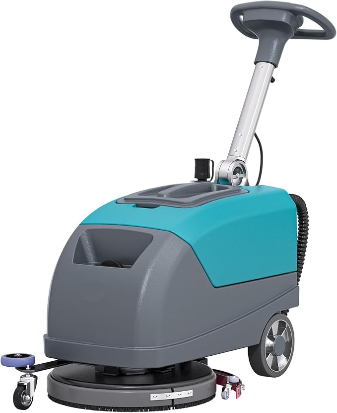 Walk-Behind Floor Scrubber Dryer with 16" Scrub Path, 24" Suction Width, 11-gal Sewage Tank, 10-Clear water tank, Foldable Walk Behind Hand Push Floor Scrubber 24000 Sqft/h